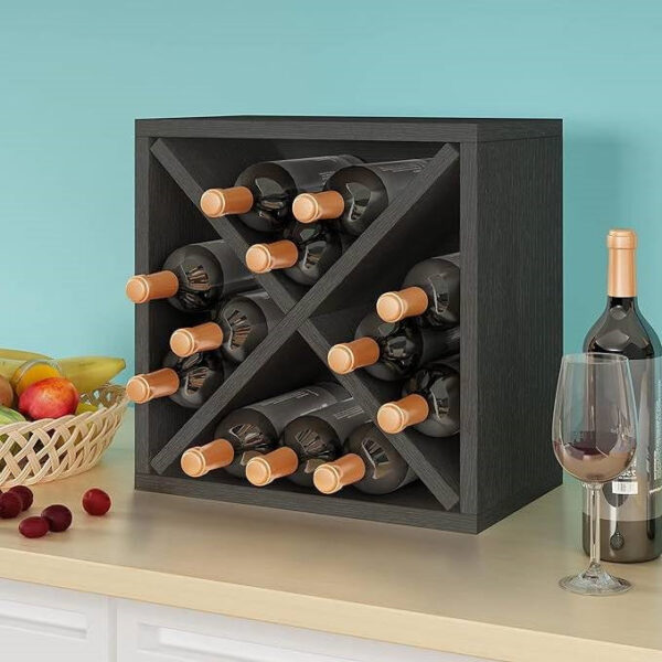 Stackable 12-Bottle Wine Rack in Charcoal Black wooden style Finish