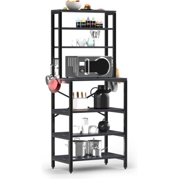 Modern Black Metal wooden style Kitchen Baker's Rack Shelf Microwave Stand