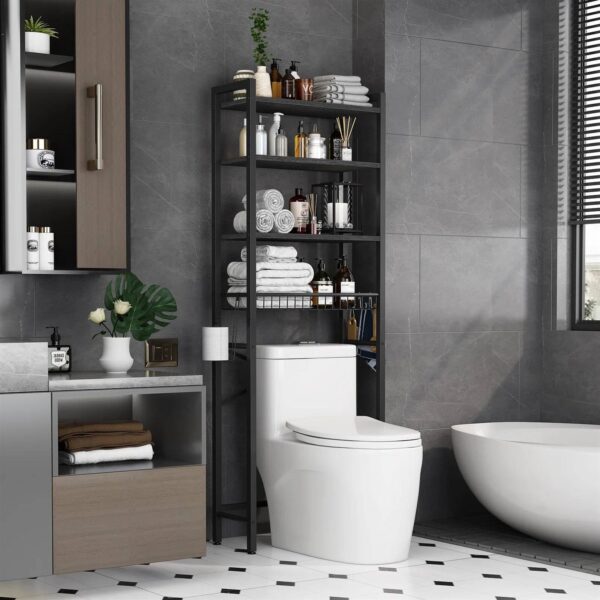 Black Over the Toilet Storage Freestanding Industrial Metal wooden style Shelving Unit