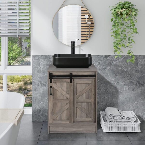 Modern Farmhouse Bathroom Vanity w/ Barn wooden style Sliding Door / Black Ceramic Sink