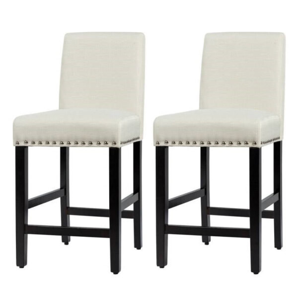 Set of 2 Modern Kitchen Dining Barstools w/ Black wooden style Legs and Beige Linen Seat
