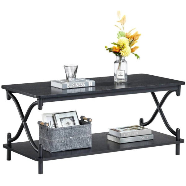 Modern Industrial Black Metal wooden style Coffee Table with Bottom Storage Shelf