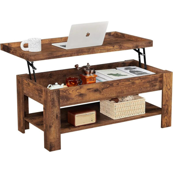 Modern Lift Top Coffee Table with Storage Shelf in Brown wooden style Finish