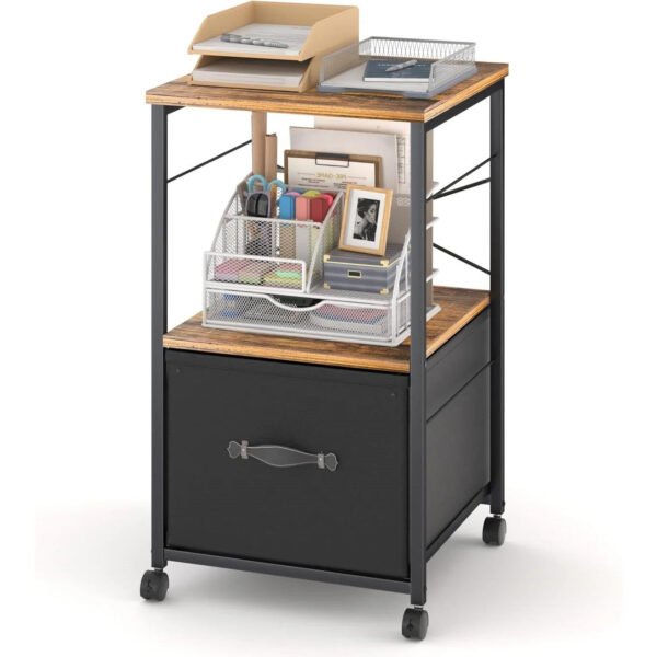 Metal wooden style Printer Stand Side Table File Cabinet with Fabric Drawer on Wheels