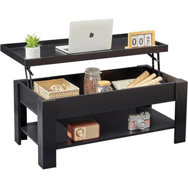 Modern Lift Top Coffee Table Laptop Tray with Storage Shelf in Black wooden style Finish