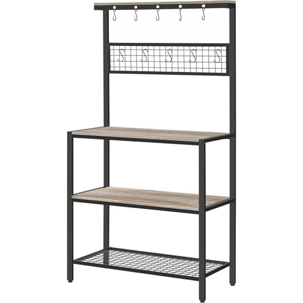 Modern 3-Shelf Black Metal Light Grey wooden style Kitchen Baker's Rack Microwave Stand