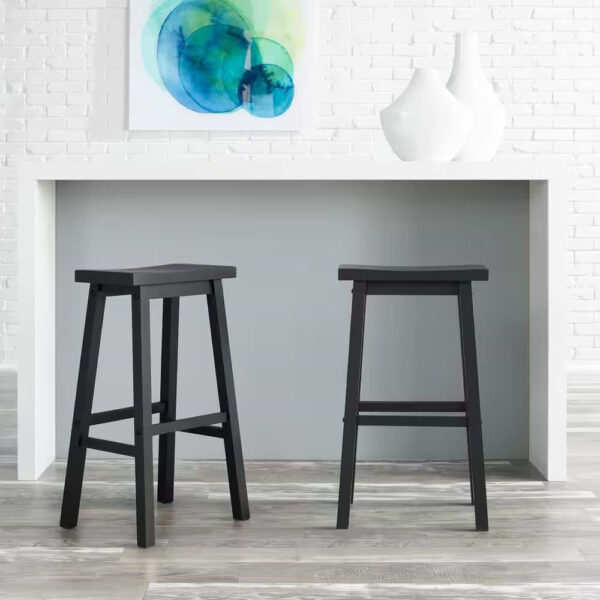 Set of 2 Farmhouse Bar Height Saddle Seat Barstool in Charcoal Black wooden style Finish