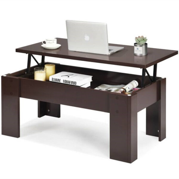 Farmhouse Lift-Top Coffee Table Laptop Desk in Espresso Brown wooden style Finish