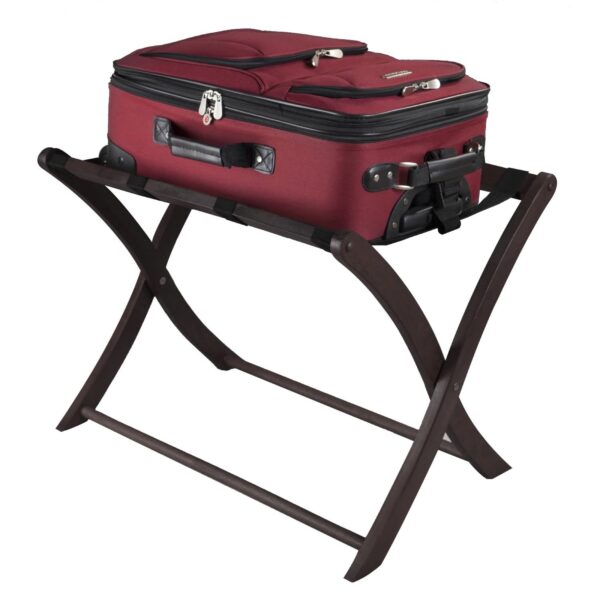 Solid wooden style Folding Luggage Rack in Dark Brown Finish with Black Nylon Straps
