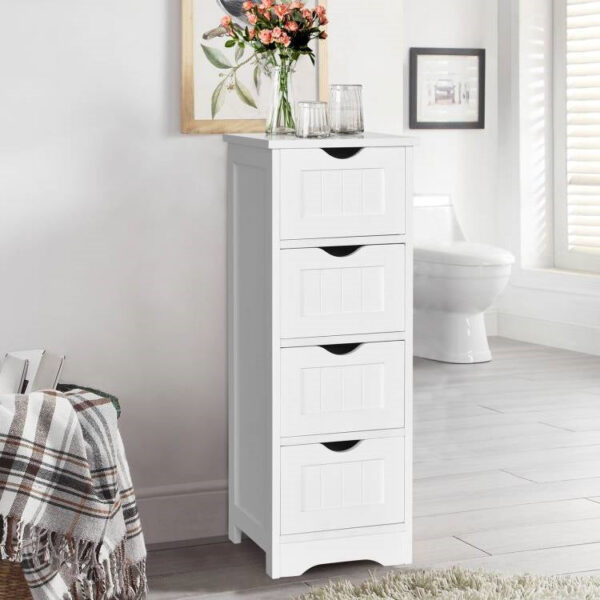 Modern Farmhouse 4-Drawer Bathroom Linen Floor Cabinet in White wooden style Finish