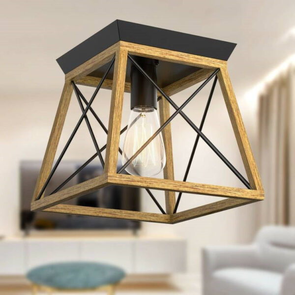 Rustic wooden style Metal Glass Ceiling Light uses Standard E26 size Bulb - Not Included