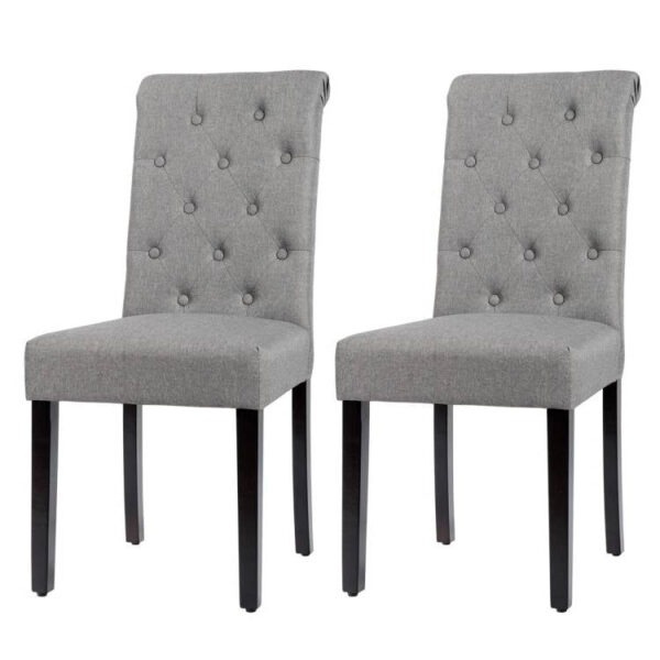 Set of 2 Grey Linen Button Tufted Dining Chair with wooden style Legs