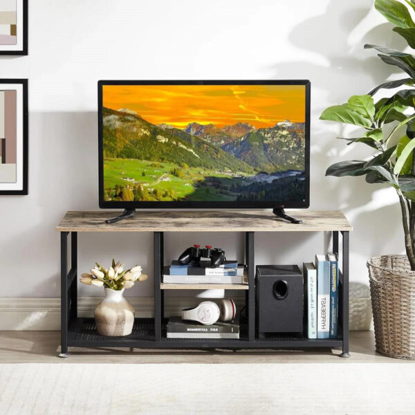 Industrial Modern Black Metal Grey wooden style TV Stand with Media Storage Shelf