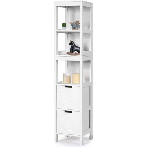 Bathroom Cabinet Tower with 2 Storage Drawers and 3 Shelves in White wooden style Finish