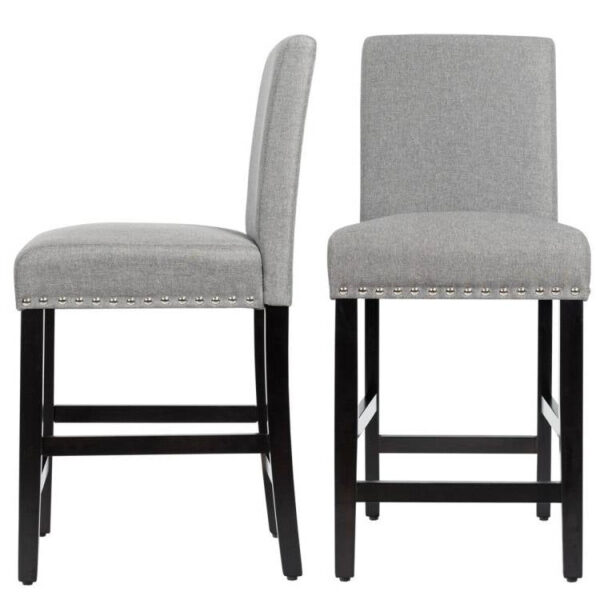 Set of 2 Modern Kitchen Dining Barstools w/ Black wooden style Legs and Grey Linen Seat