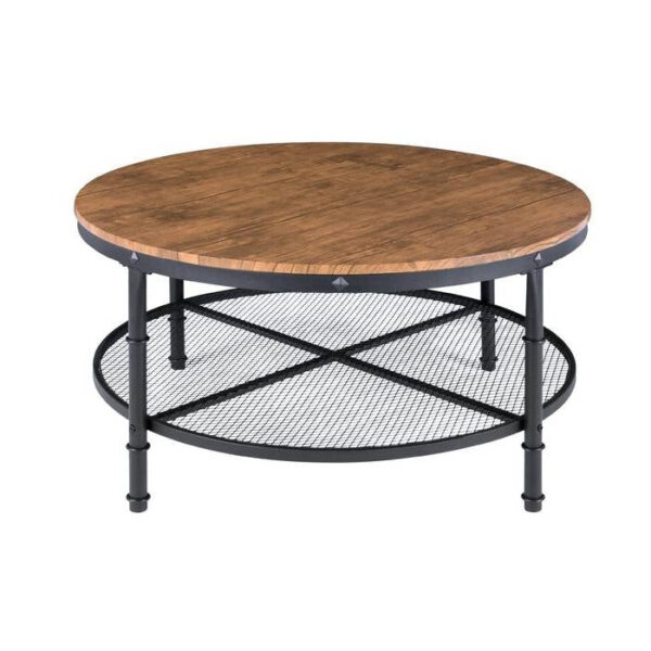FarmHome Industrial wooden style Steel Coffee Table 2-Tier Round with Storage Shelves