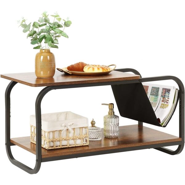 Modern 2-Tier Coffee Table with Magazine Book Holder Sling in Brown wooden style Finish