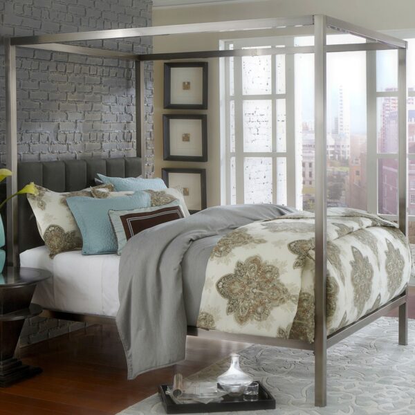 King size Modern Metal Canopy Bed with Upholstered Headboard