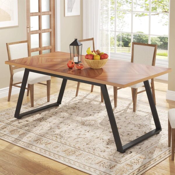 Modern 63-inch Rectangle Dining Table Light Walnut wooden style Top Black Metal Frame