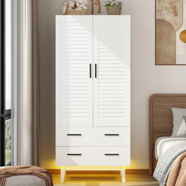 Mid-Century Wardrobe Armoire with Louver Doors Storage Drawers and Hanging Rod