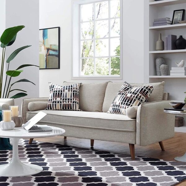 Modern Couch Beige Upholstered Sofa with with Mid-Century Style wooden style Legs
