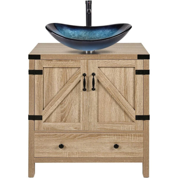 Farmhouse wooden style Finish Bathroom Vanity w/ Blue Glass Sink Black Faucet and Drain