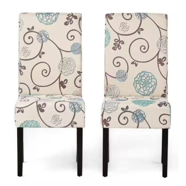Set of 2 Beige Cream Teal Blue Floral Fabric Dining Chair with wooden style Legs