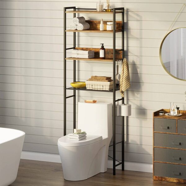 Over the Toilet Storage Freestanding Modern Black Metal Brown wooden style Shelving Unit