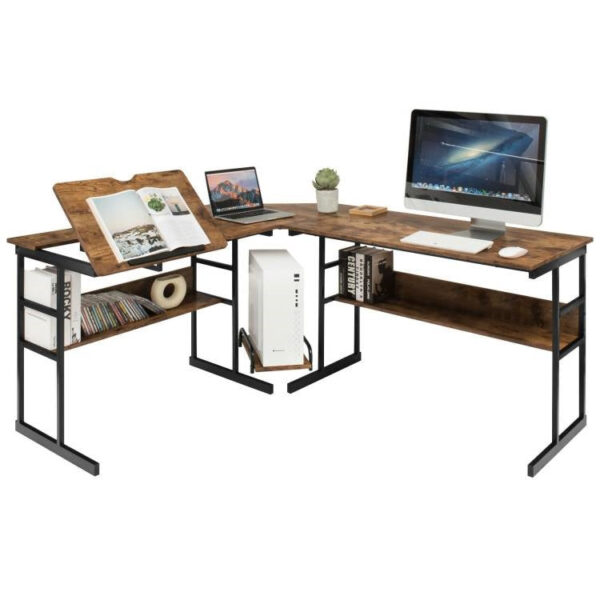 Modern Rustic wooden style and Metal Corner L-Shaped Computer Desk with Tilt Tabletop