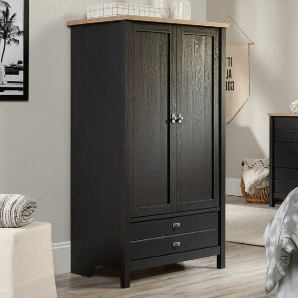 Bedroom Armoire Cabinet with Bottom Storage Drawer in Black Oak wooden style Finish
