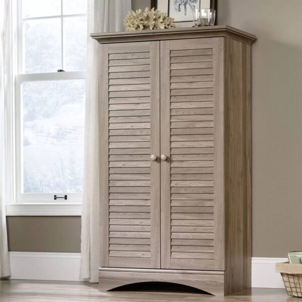 Farmhouse Armoire Storage Cabinet w/ Louver Doors in Light Brown Oak wooden style Finish