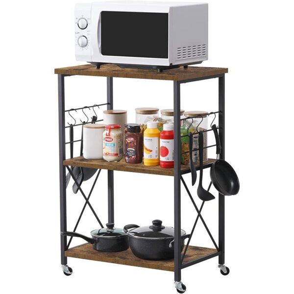 Black Metal Rustic Brown wooden style 3-Shelf Kitchen Baker's Rack Microwave Cart