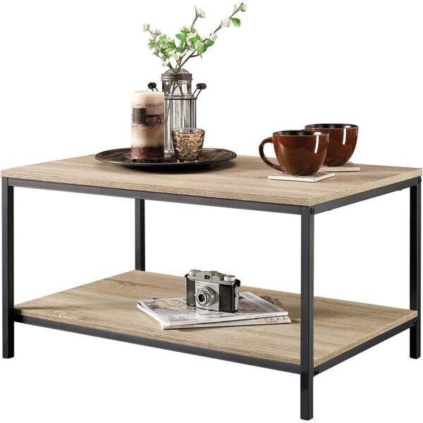 Modern Industrial 2-Tier Coffee Table in Rustic Light Oak wooden style Finish