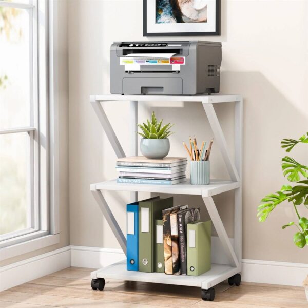 Modern 3-Shelf White Metal wooden style Printer Stand Rolling Home Office Storage Cart