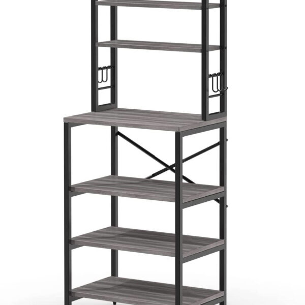 Modern Gray Metal wooden style Kitchen Baker's Rack Shelf Microwave Stand