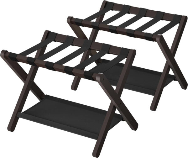 Set of 2 - Sturdy Bamboo Luggage Rack in Brown wooden style Finish with Bottom Shelf