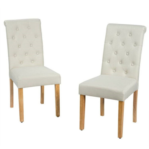 Set of 2 Beige Linen Button Tufted Dining Chair with wooden style Legs