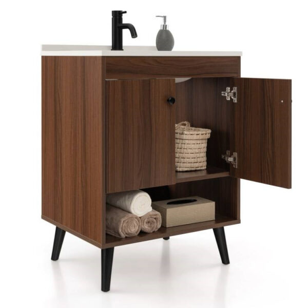 Modern Mid-Century Walnut wooden style Bathroom Vanity with Sink Faucet and Pop-up Drain