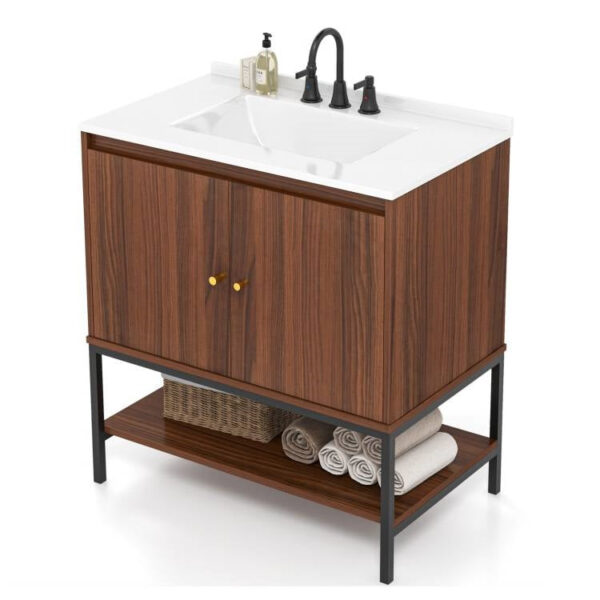 Modern Walnut wooden style Finish Bathroom Vanity with White Sink