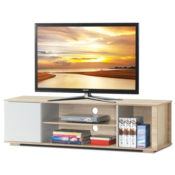 Modern Entertainment Center TV Stand in Oak wooden style Finish with White Door