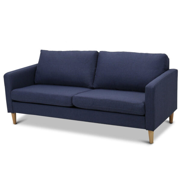 Modern Mid-Century Style Sofa with wooden style Legs and Blue Fabric Upholstery