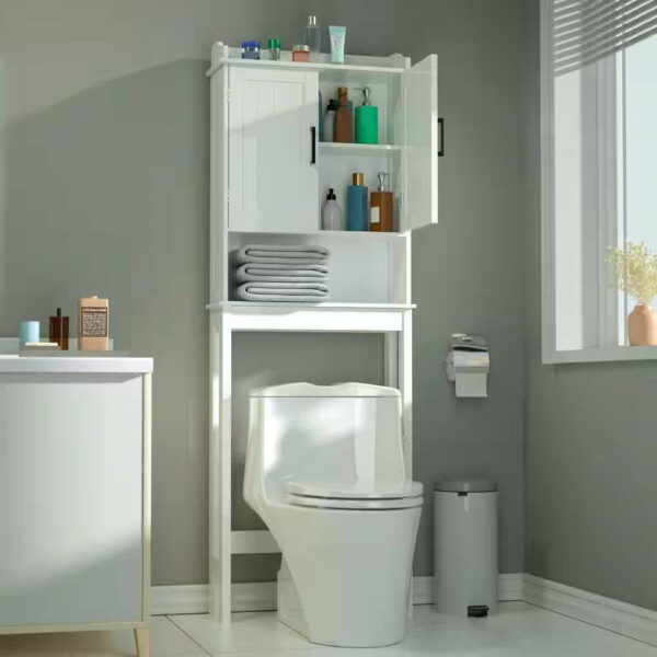 Over the Toilet Bathroom Storage Cabinet Shelving Unit in White wooden style Finish