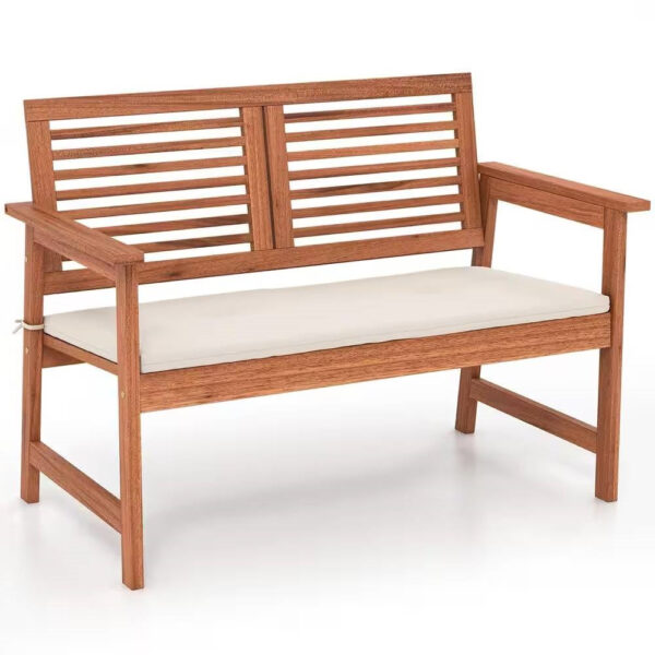 Solid wooden style Outdoor Patio Garden Bench w/ Slatted Back Armrests and Seat Cushion