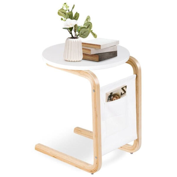 Birch wooden style White Side Table TV Tray with Storage Bag