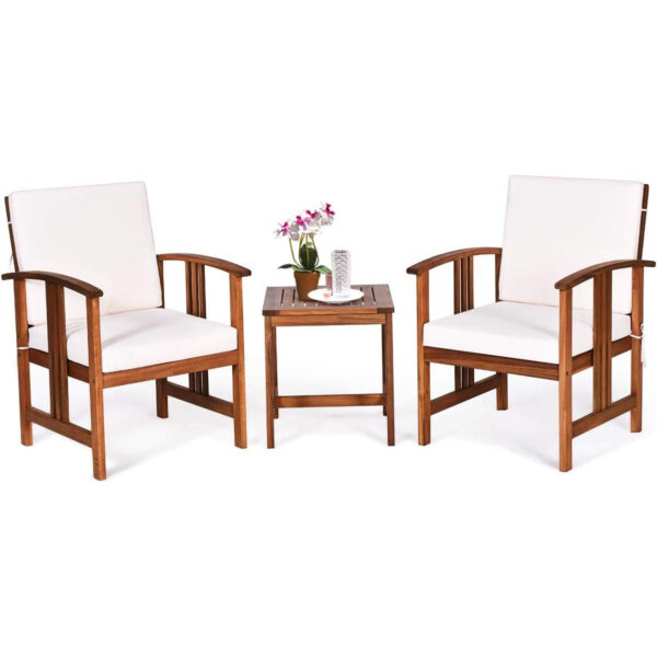 3-Piece Solid wooden style Outdoor Patio Furniture Table Chairs Set with White Cushions