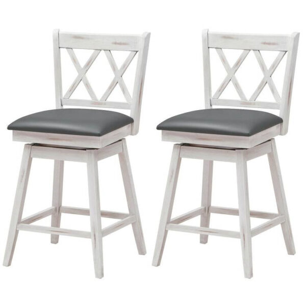 Set of 2 White wooden style 24-in Counter Height Farmhouse Swivel Cushion Seat Barstools