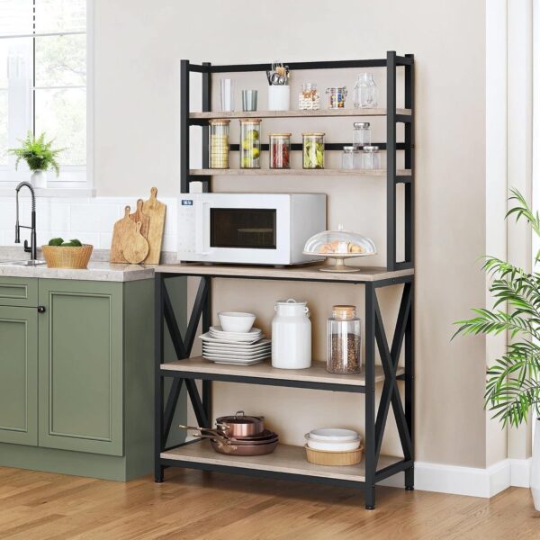 Modern Black Metal Grey wooden style Bakers Rack Microwave Stand Kitchen Shelving Unit