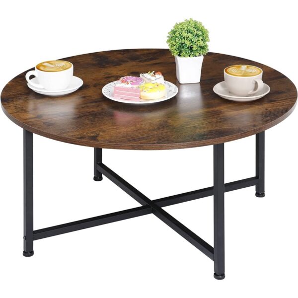 Modern Round Industrial Coffee Table with Rustic Brown wooden style Top