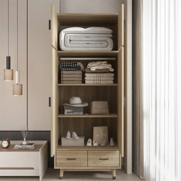 Modern 2-Door Armoire Wardrobe Cabinet with Hanging Rail in Natural wooden style Finish